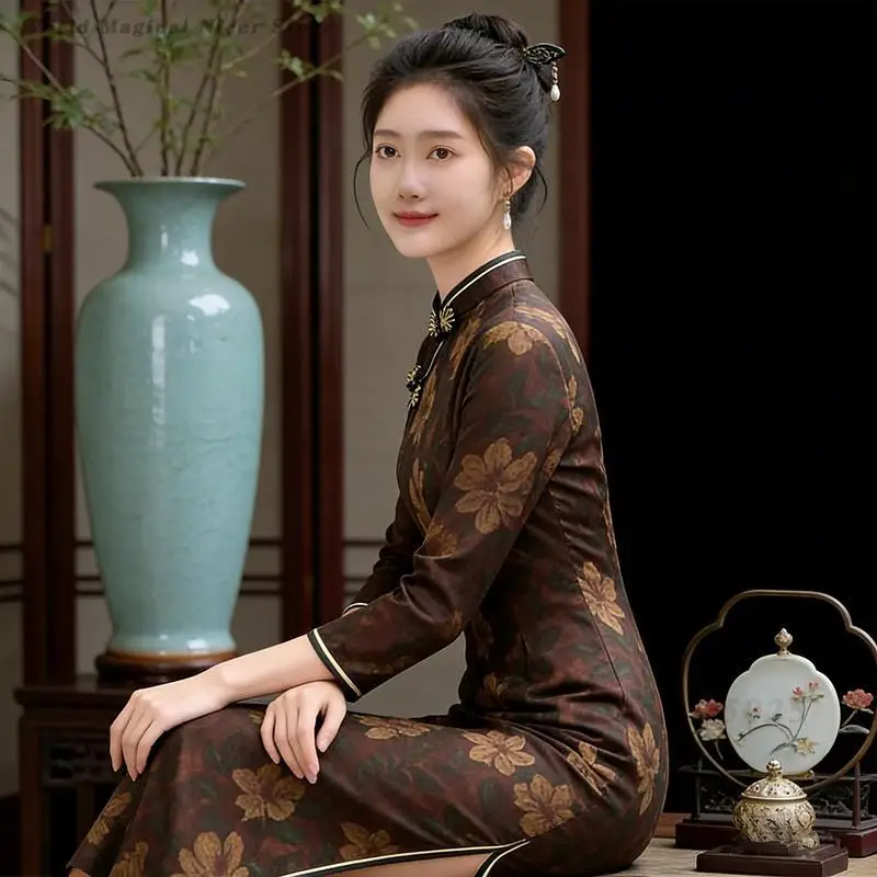 Chinese Style Dress Daily Wearable Elegant Cheongsam New Modified Qipao 3/4 Sleeve Young Ladies Print Flower Long Vestidos