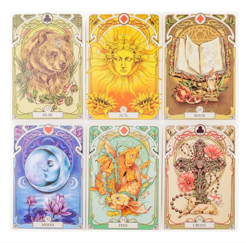 Romantyczne karty wyroczni Lenormand 36 szt. Talia angielska wizja Art Nouveau motywy kwiatowe na imprezę gry planszowe