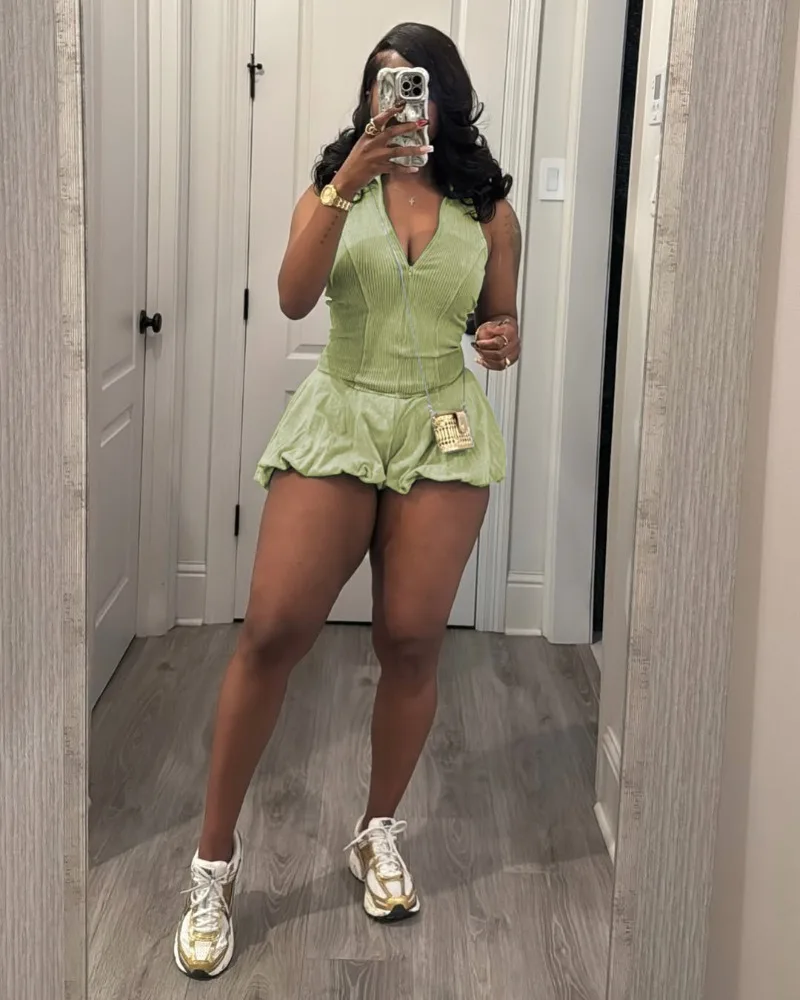 

GUWU Women's Casual Washed Sleeveless Rompers Fashion Zipper Street One-piece Bubble Shorts