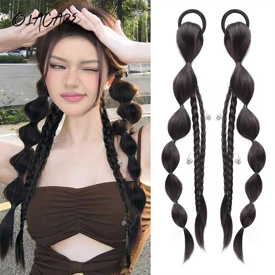 Synthetic Long Straight Hair Natural Bubble Braid Plait Ponytail Wig With Rubber Band Natural Fashion 18 Inch Synthetic 1B#