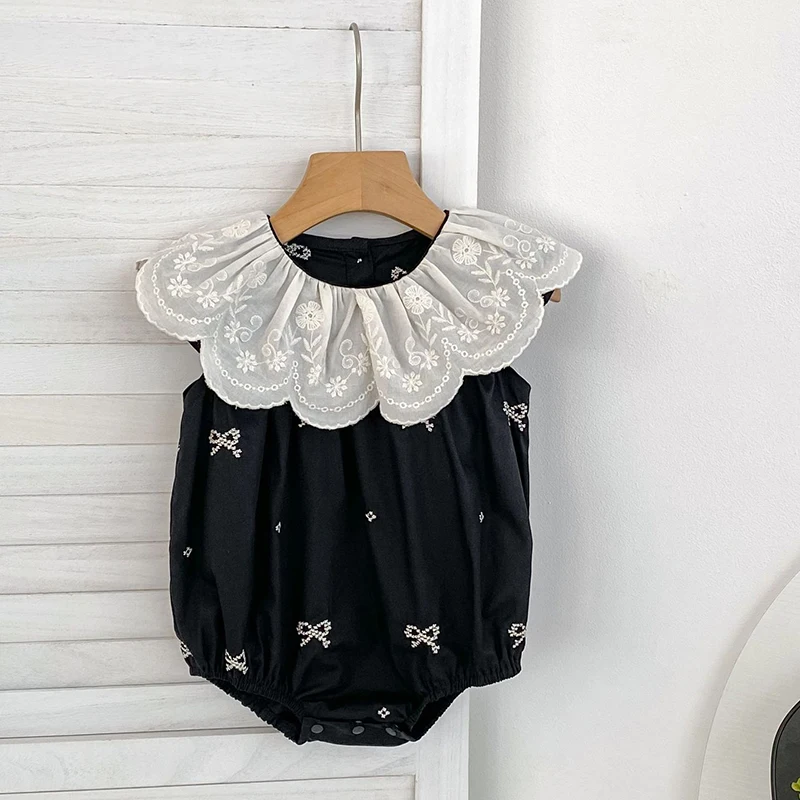 Summer Newborn Baby Girl Romper 0-24M Baby Girl Clothing Petal Collar Cotton Romper Embroidery Bow Toddler Baby Girls Jumpsuit