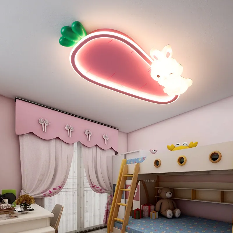 Children's Room Lamp Rabbit Carrot Ceiling Lights Eye Care Boy Girl Baby Kids Bedroom Ceiling Lamps Cartoon Pink Red Indoor Deco