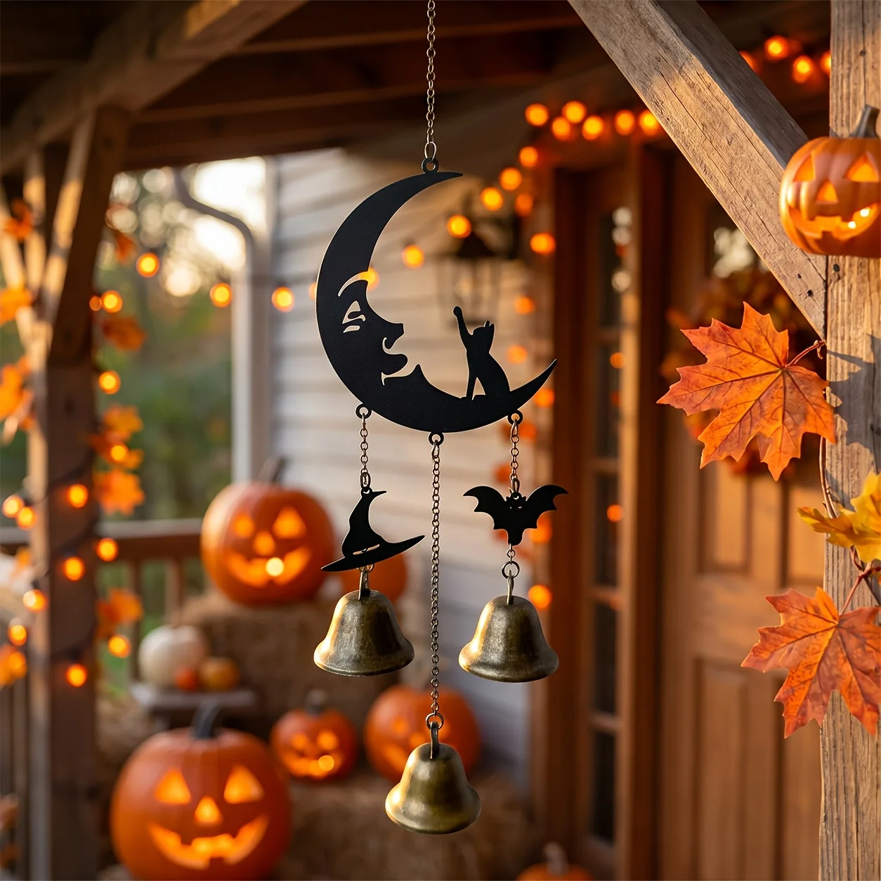 1pc Dark Gothic Moon Cat-Shaped Metal Wind Chime, Halloween-Themed Bat and Witch Hat Decorative Hanging Ornament,Room Decoration