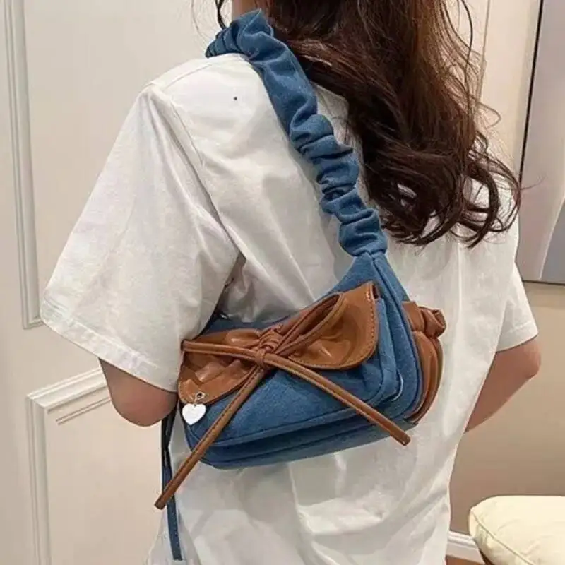 Bloom Sweet Cool Denim Shoulder Bags Women Haruku Bow Chic Cute Y2k Handbag Purse Ladies Casual Blue Underarm Bag Aesthetic