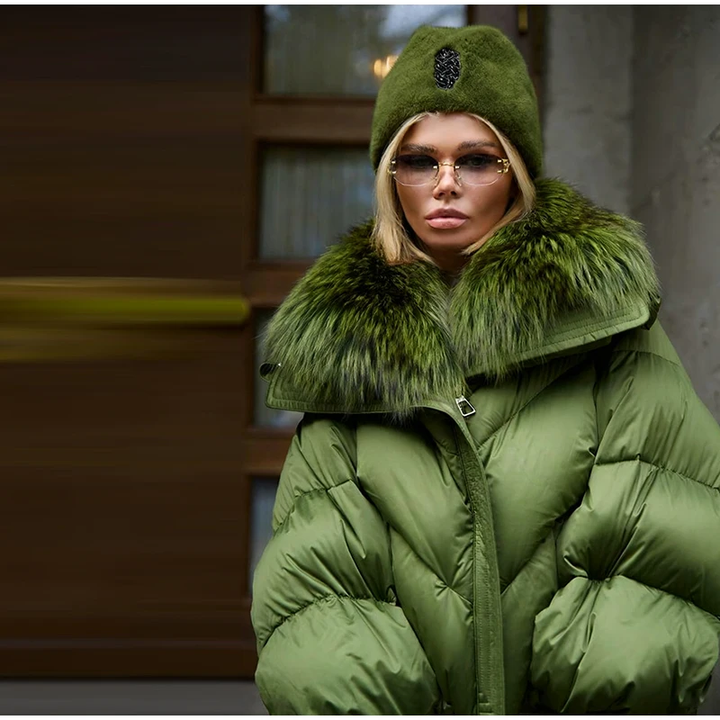 Warm Fur Collar Cotton Coats Women's Green Lapel Zipper Full Sleeve Padded Jacket Overcoat 2026 Winter New Lady Loose Streetwear