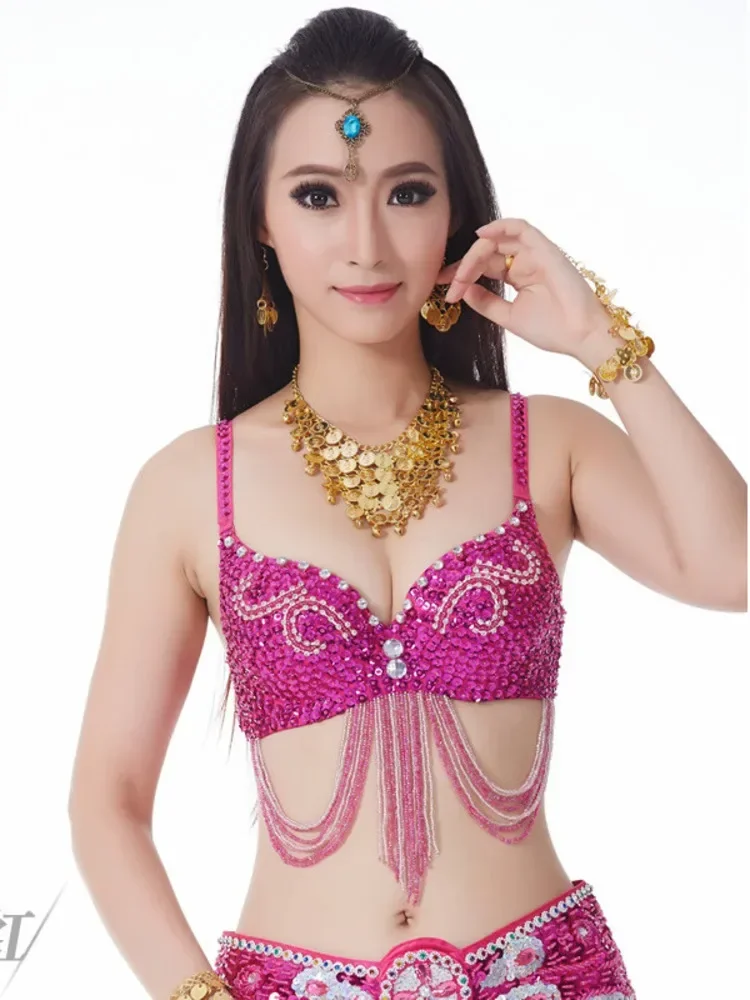 Sequins Bellydance Costume Professional Adult Push Up Bra Jazz Tassel Oriental Dance Woman Egyptian Belly Latin Backless Tops