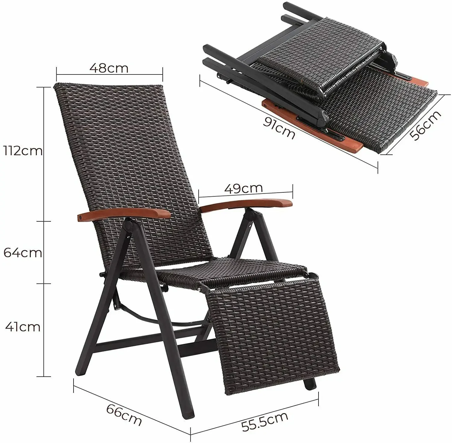 Garden Chair Lounge Rattan Adjustable 7-Level Lounger with Armrests Wide, Aluminum Structure, Suitable for Garden, Patio, Beach