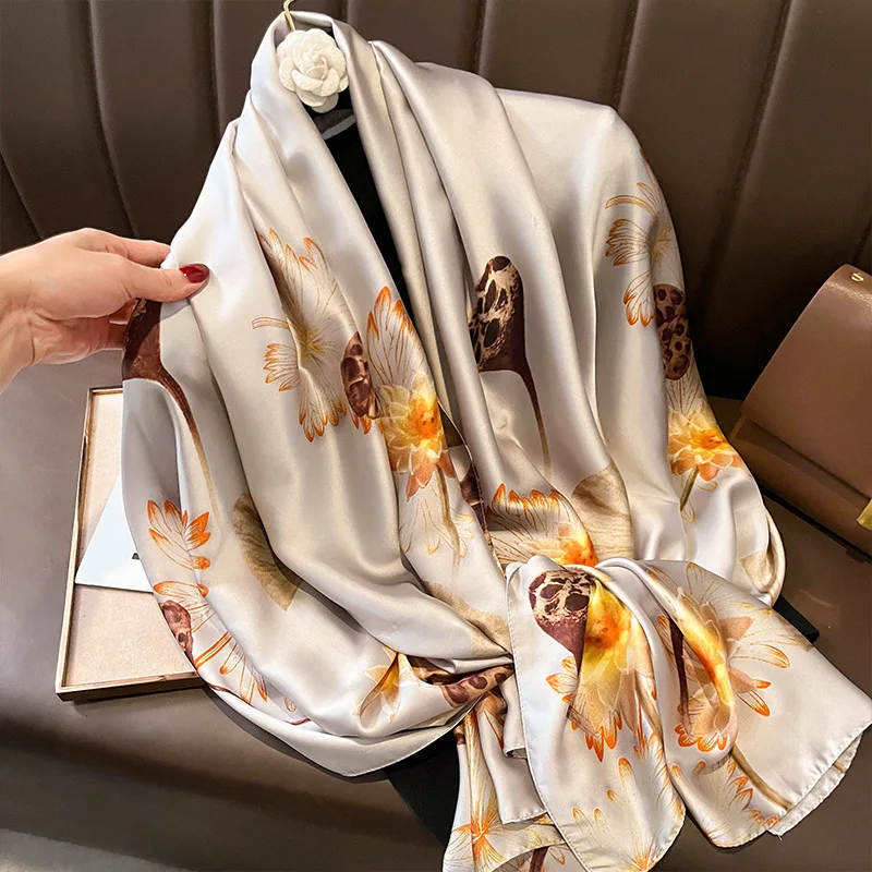 Silk Scarf Women Shawl For Travel Fashion Wraps Chinese Style Retro Spring And Autumn Light Thin Lotus Versatile Long Silk Scarf