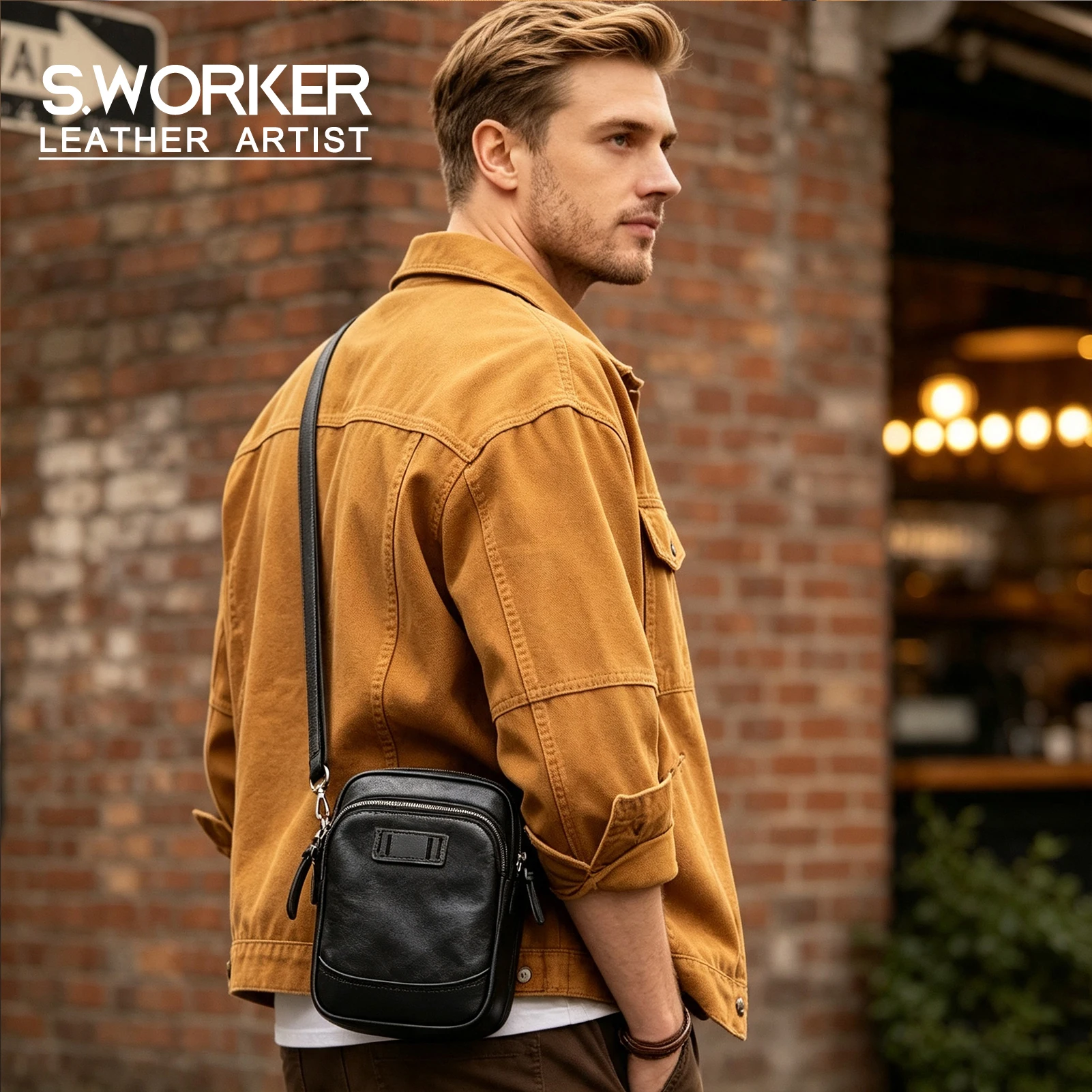 Echte Leder-Umhängetasche für Herren, Crossbody-Taschen, einfache Rindsleder-Gürteltasche, Top-Layer-Leder, modischer Casual-Stil – Detail 2