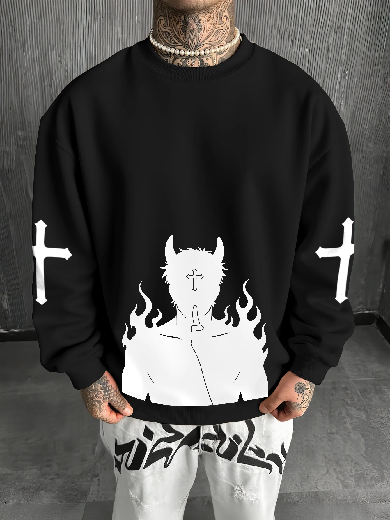 Men's Oversize Streetwear Crewneck Sweatshirt Devil Cross Flame Print Dark Gothic 100% Polyester Long Sleeve Autumn Winter S-2XL