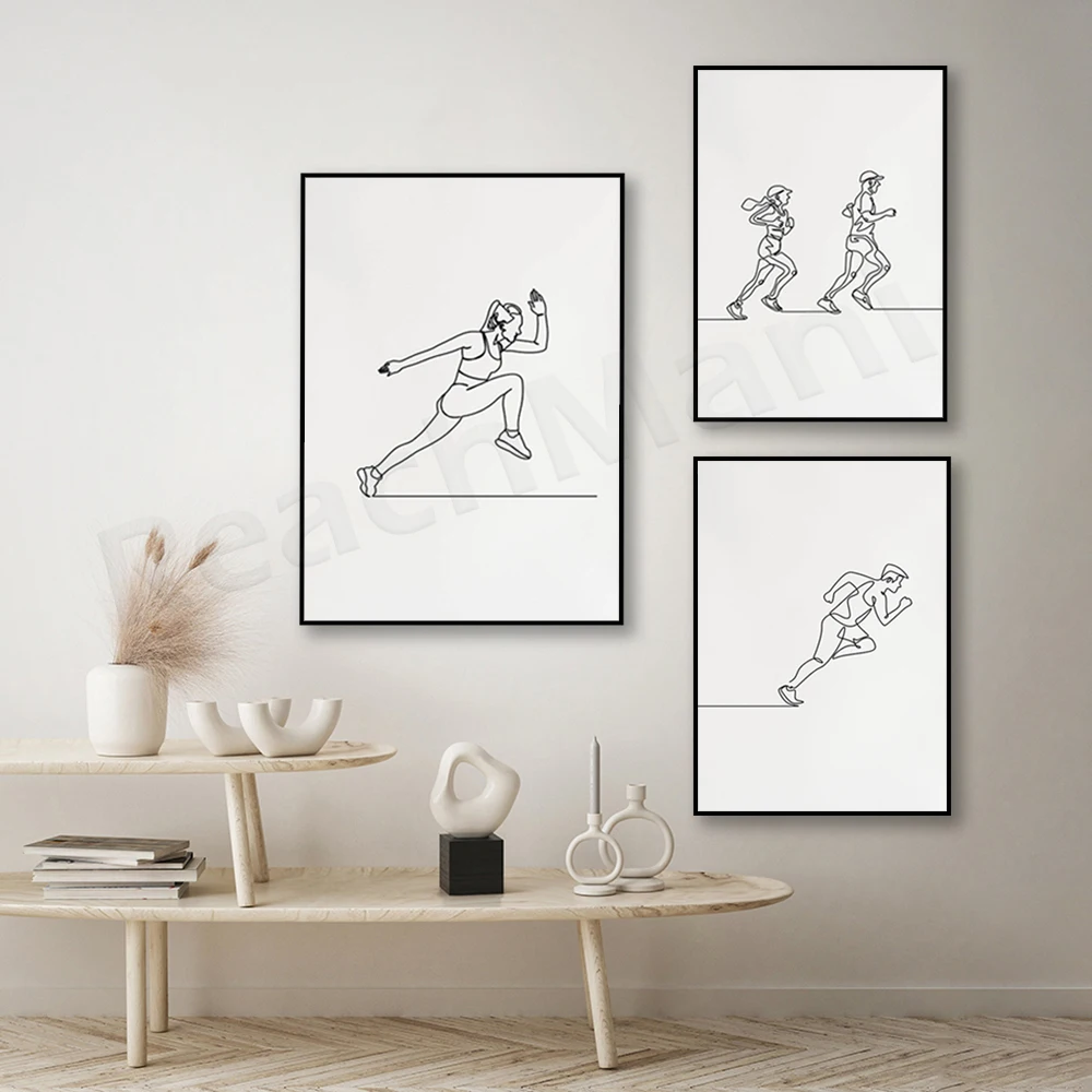 Minimalist running line art, sport art for men and women, couple sport print, athlete running decorative canvas print poster