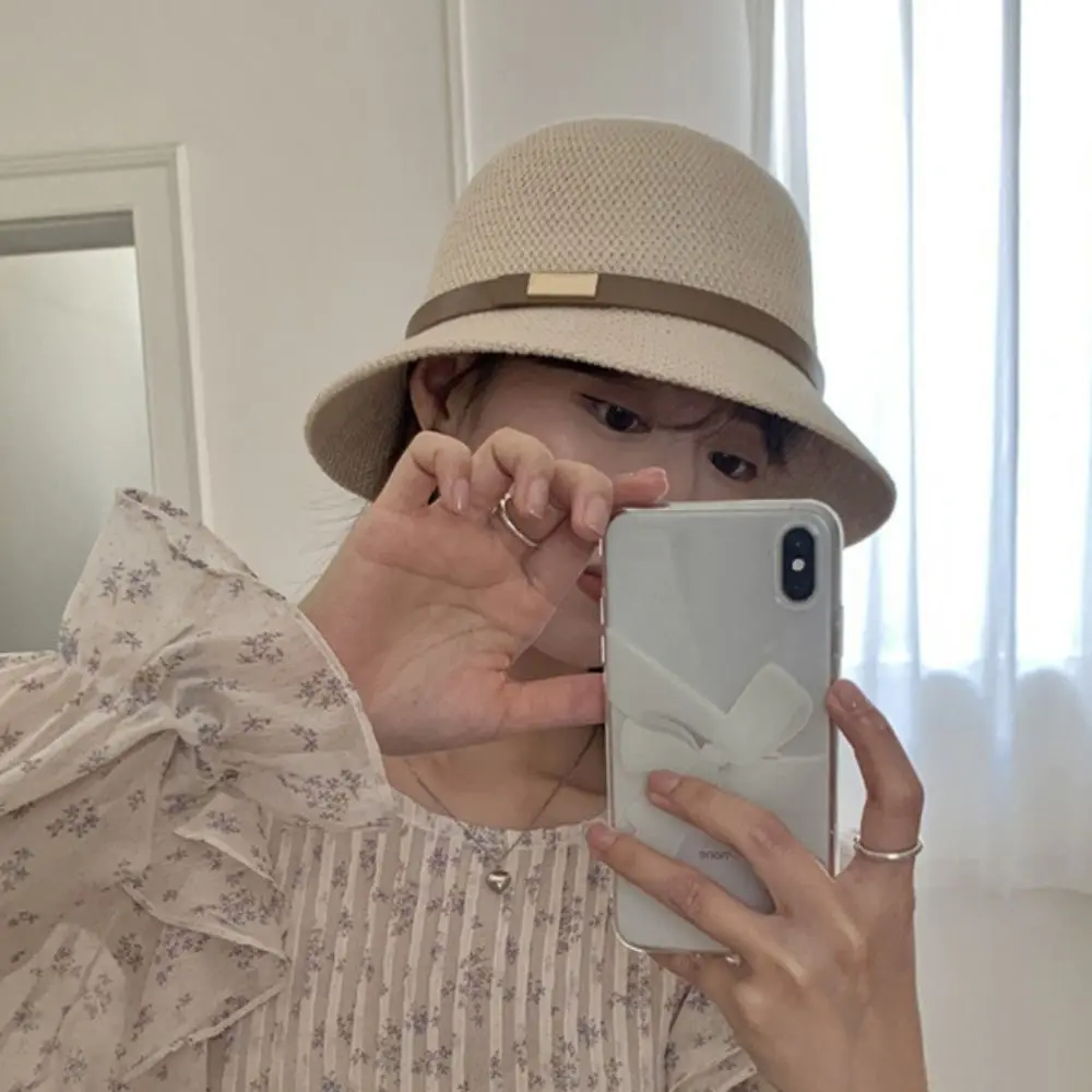 

PU Leather Belt Women Sunscreen Hats Wide Brim Sun Protection Summer Bucket Hats Breathable Simple Outdoor Straw Hats Beach