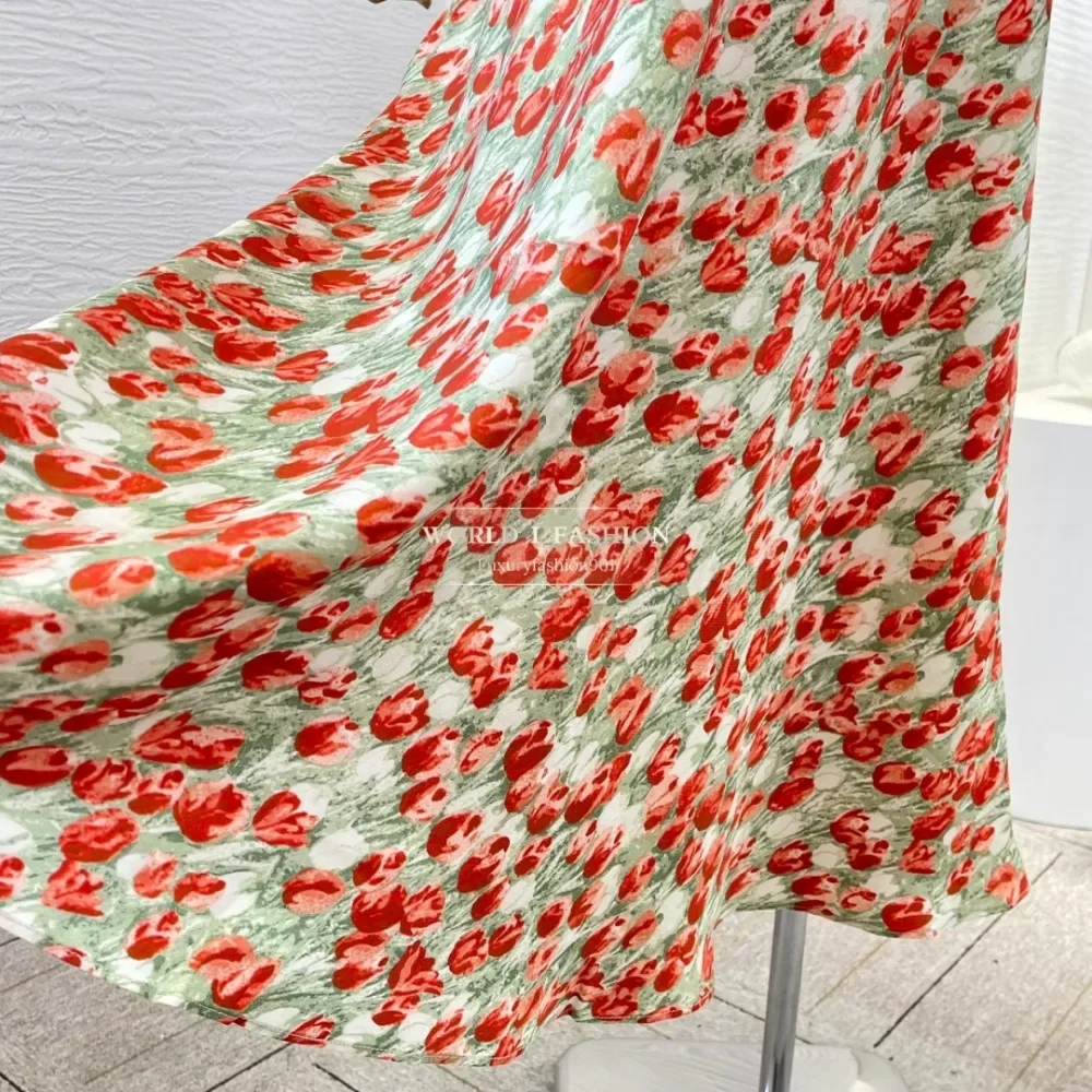 Backless Mermaid Fishtail Midi Dresses and Tops 2025 Green Red Floral Print Ruffles Frilled Sleeveless High Qualtiy