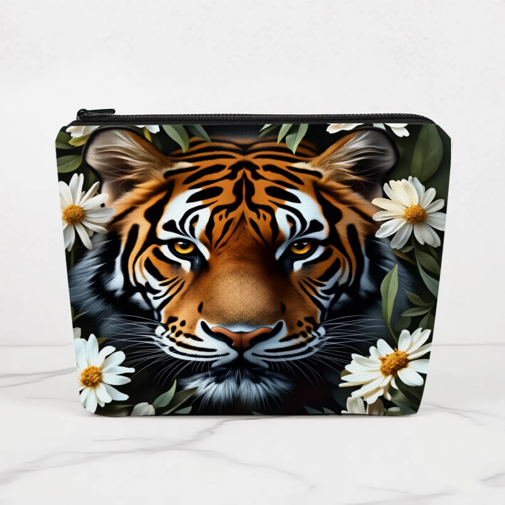 Tiger Face With Daisies Makeup Bags for Girls Cosmetic Pouch Toiletry Bag Pencil Case Travel Storage