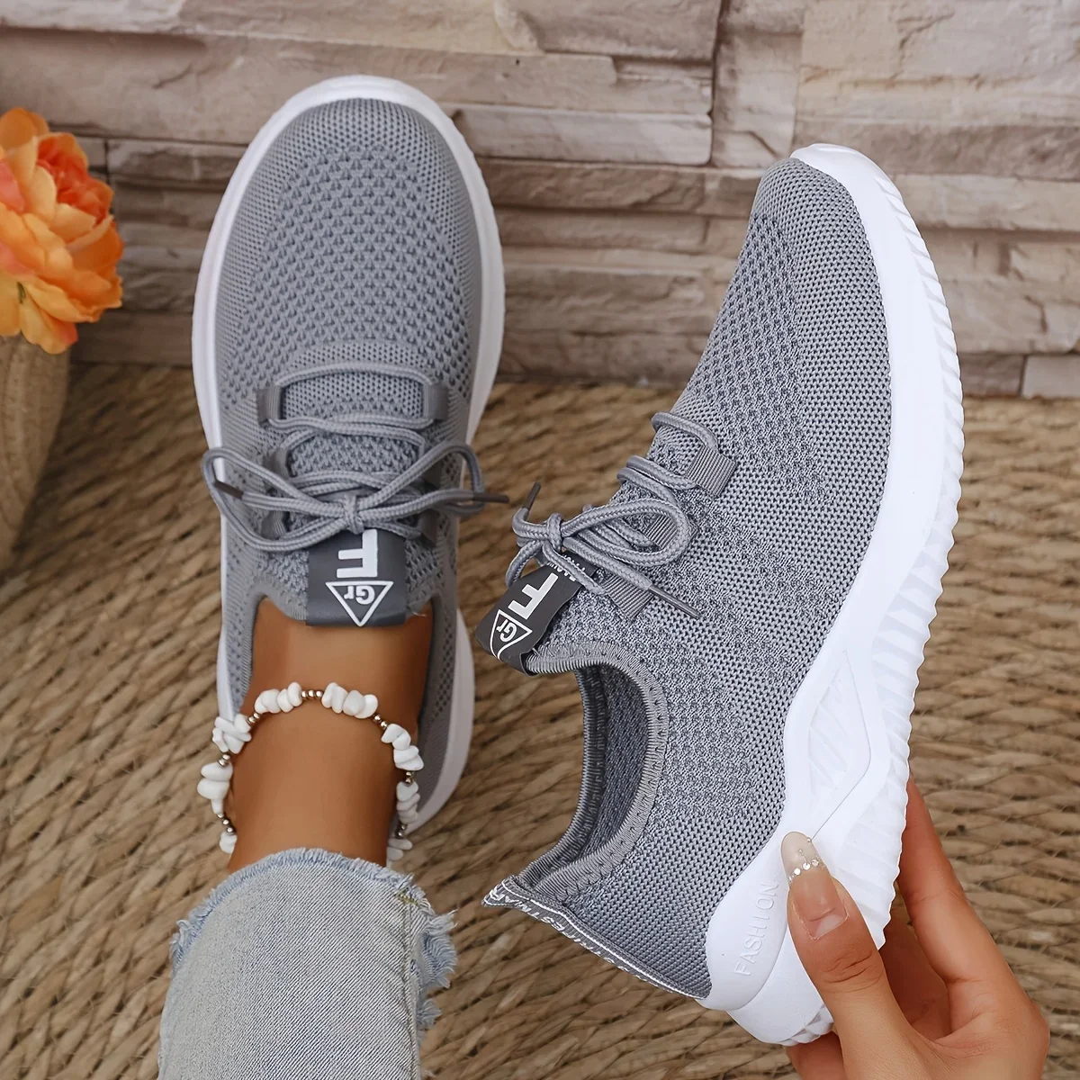 Damen-Freizeitsportschuhe in Unifarben mit Strickobermaterial und Weichsohlen zum Laufen, Tennis und für Workouts, Ideal für Reisen – Detail 8
