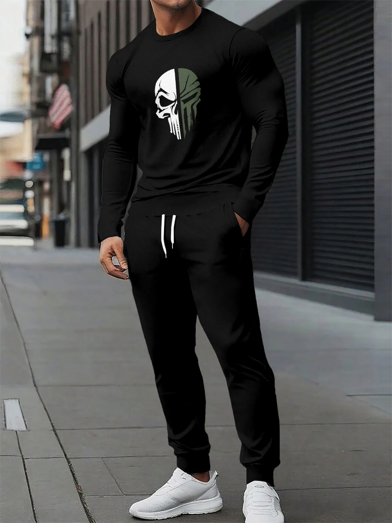 

Новый мужской комплект толстовок с круглым вырезом на весну и осень 2023 года, уличная мода и комфорт с 3D-принтом черепа.