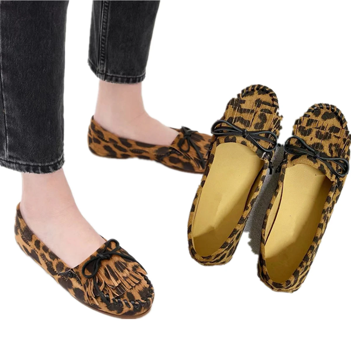 

Jenny&Dave 2025 Summer Shoes British Fashion Tassel Retro Handmade Genuine Leather Loafers Leopard Print Flat Shoes Women