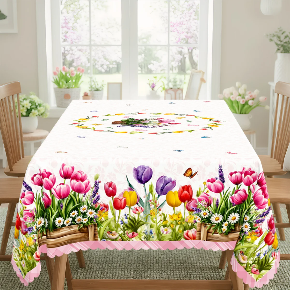 Autumn-themed tablecloth, durable polyester tablecloth, buffalo checkered with butterflies and tulips