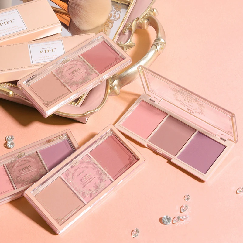 Blush a tre colori Resa cromatica naturale Polvere delicata non volante Trucco viso naturale Matte Peach Rouge Contour Shadow Palette