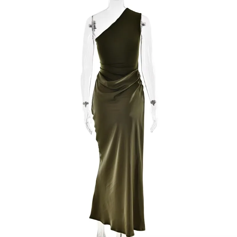 Women Summer One Shoulder Satin Patchwork Maxi Dress Brown Sleeveless Slim Elegant Evening Dress Party Clubwear New Arrival