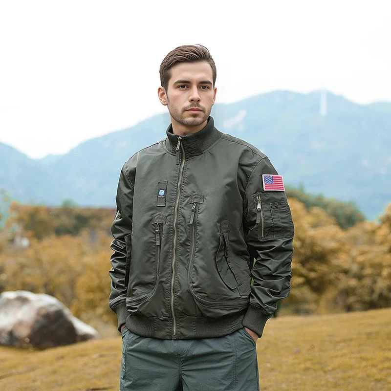 

Green Thickened Cotton-padded Jacket Casual Baseball Pockets Flight Zipper Outwear for Men's Fall Vintage Pilot Jacket