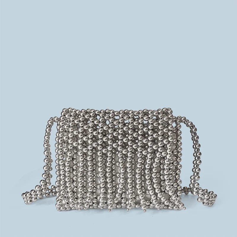 

New retro metallic shiny hand woven bead small square bag, phone bag, long shoulder strap, tassel crossbody bag