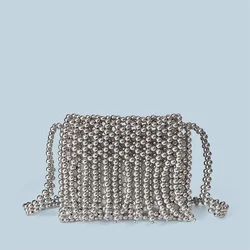 New retro metallic shiny hand woven bead small square bag, phone bag, long shoulder strap, tassel crossbody bag