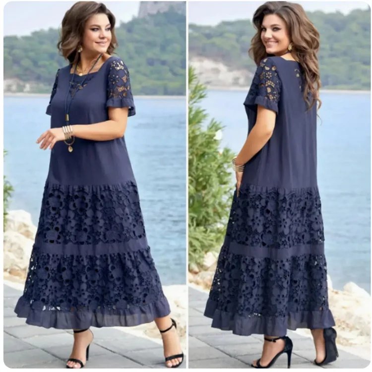 Abito Lungo da Donna Vestito a Trapezio Y2K Streetwear Manica Corta in Pizzo Scavato Elegante Vestibilità Ampia per Lavoro Primavera 2026