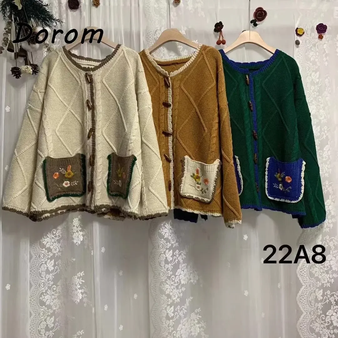 Vintage Mori Girl Embroidery Green Knitted Cardigan Women Autumn Korean O-neck Jacquard Sweater Coat Casual Loose Knitwear Tops