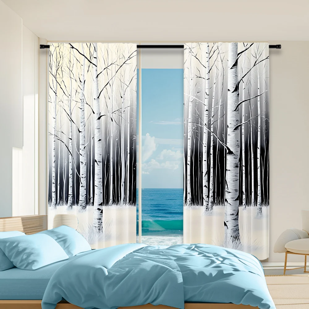 2Pcs Birch Forest Print Window Curtains Rod Pocket Design For Easy Hanging Perfect For Bedroom Living Room Office And Home