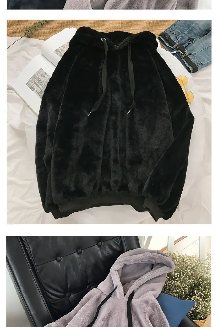 Loose Hoodies Woman Sweatshirt Casual Flannel Solid Pullover Autumn Winter Coat Y2k Fleece-lined Thicken Hooded Warm Soft Jacket