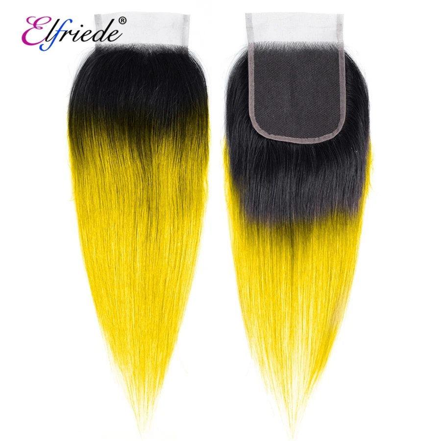 Elfriede Ombre #1B/Yellow Straight Hair Bundles with Closure Brazilian Remy Human Hair Wefts 3 Bundles with Lace Closure 4x4