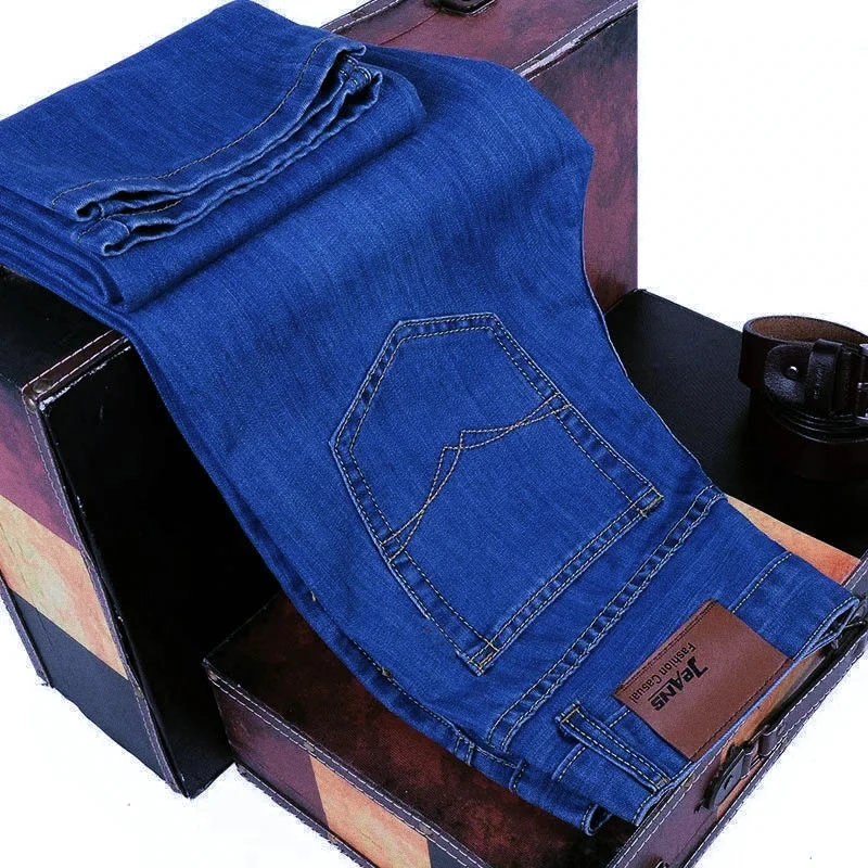 

2025 Мужские НОВЫЕ мужские модные деловые джинсы в классическом стиле, повседневные эластичные узкие джинсовые брюки, мужские брендовые джинсовые брюки, черные, синие мужские