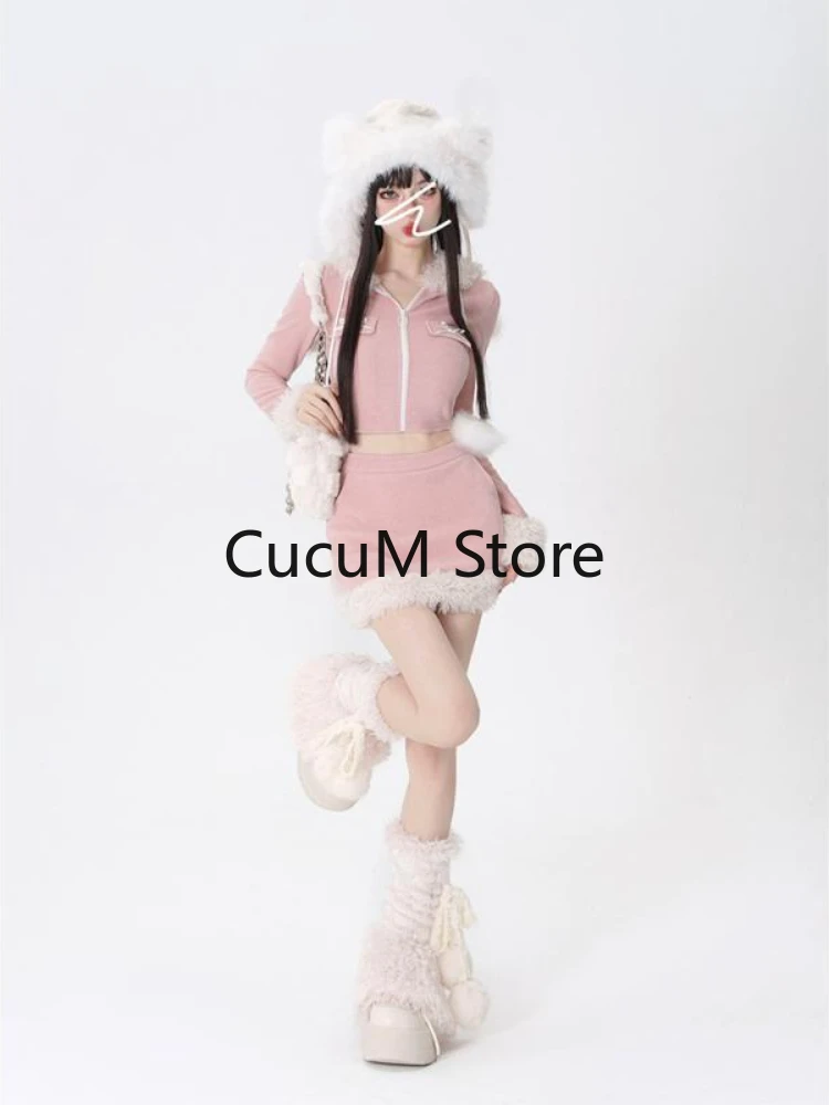 2023 Autumn Pink Japanese Kawaii 2 Piece Skirt Set Y2k Crop Tops Cardigan + Casual Bodycon Mini Skirt Women Suits Outwear Chic