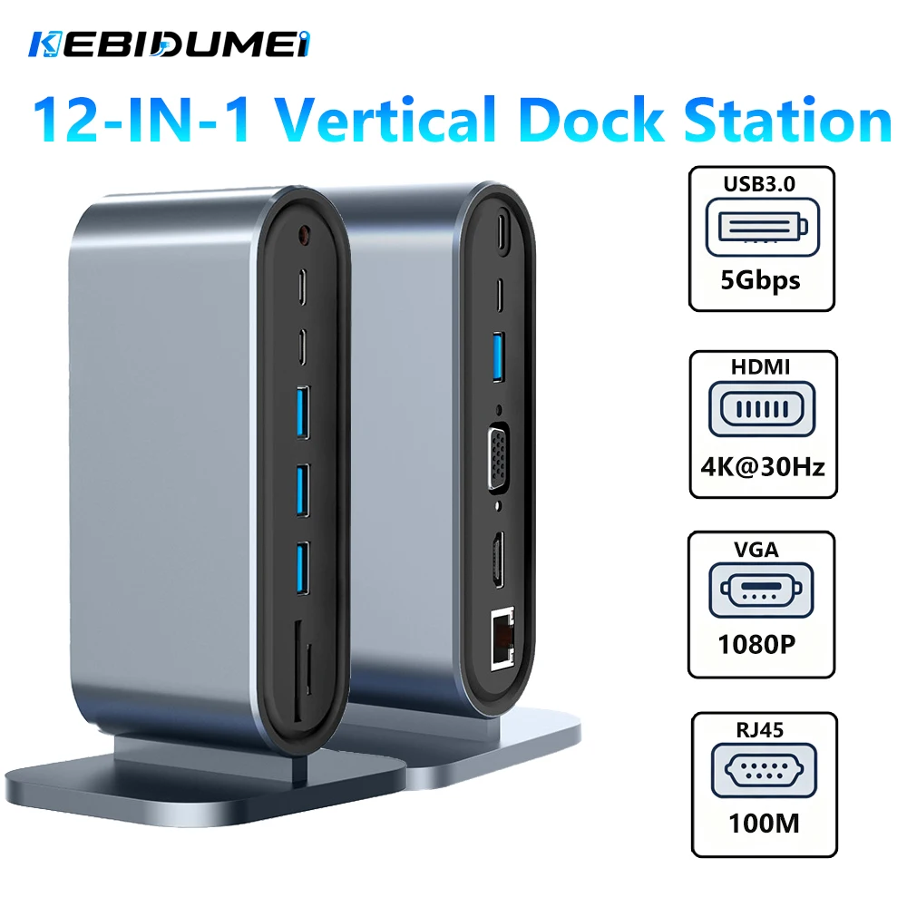 KEBIDUMEI 12 in 1 Docking Station Type-C Vertical HUB HDMI-Compatible 4K@30Hz USB3.0 PD 100W RJ45 SD TF USB Splitter for Laptop