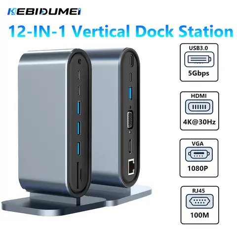 KEBIDUMEI 12 in 1 Docking Station Type-C Vertical HUB HDMI-Compatible 4K@30Hz USB3.0 PD 100W RJ45 SD TF USB Splitter for Laptop