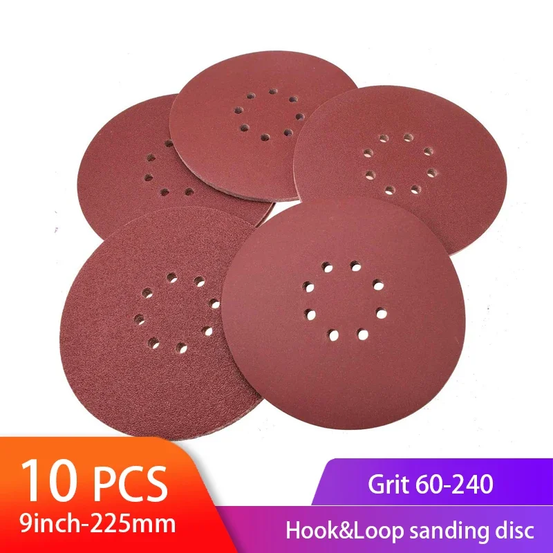 10pcs Sanding Abrasive Discs 9inch 225mm 8 Hole Hook and Loop Sanding Discs Aluminum Oxide Sand Paper for Drywall Finishing