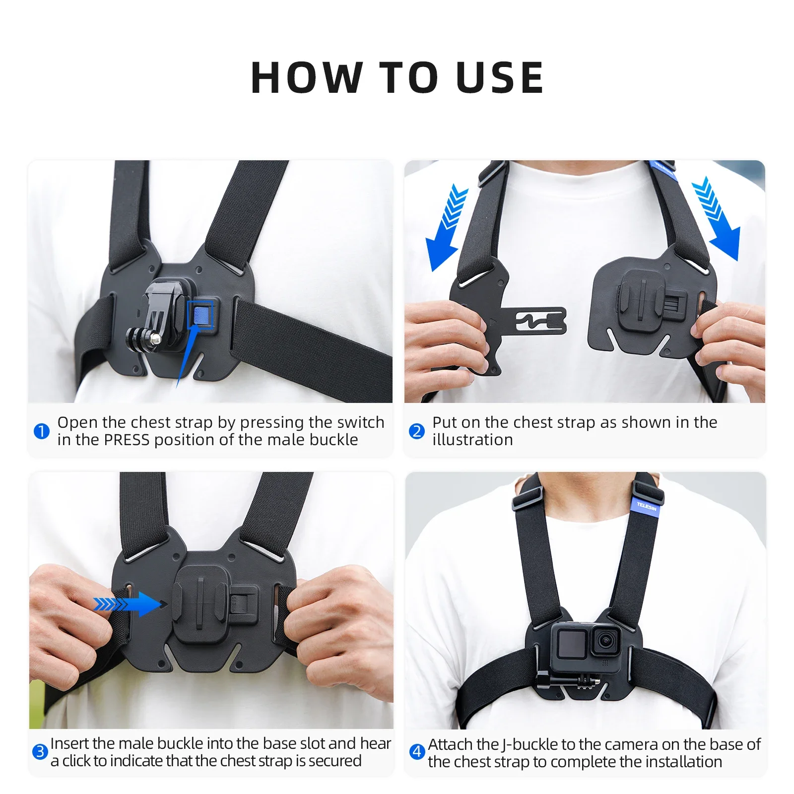 TELESIN Quick-Release Chest Strap Mount for GoPro Hero 13 12 11 10 9 8 7 Insta360 SJCAM DJI OSMO Action 5 4 3 Chest Belt Mount