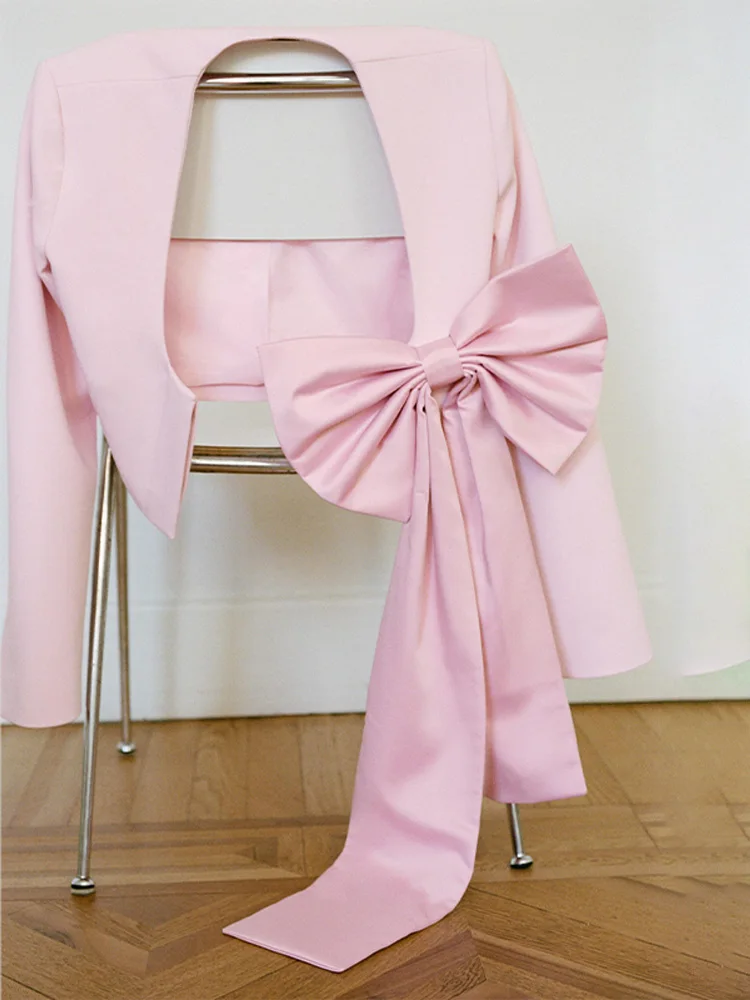 Elegant Pink 3d Bow V-neck Mini Suit Jackets Women Fashion Long Sleeves Cropped Slim Fit Coat 2024 Autumn Lady High Streetwear