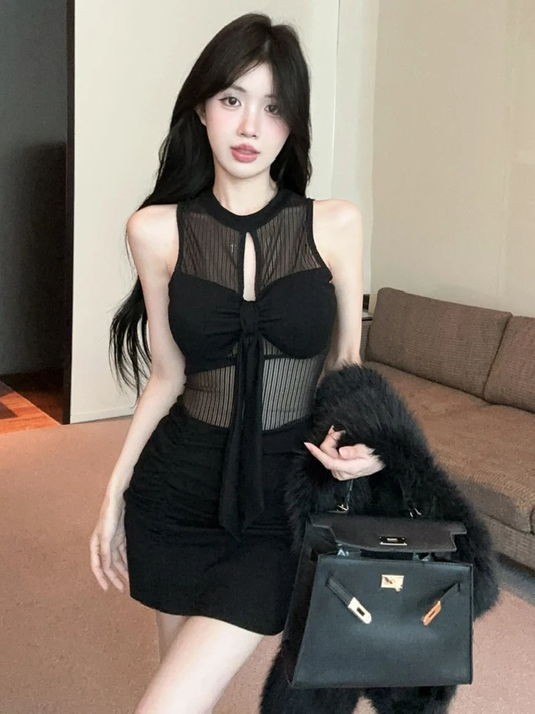 Foamlina rayé maille Patchwork robe sans manches femmes Sexy col rond découpé robe serrée bas enveloppé hanche robe fête Clubwear