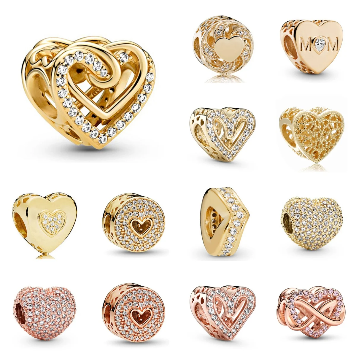 

New Heart Diamond Gold and Rose Gold Plated Charm Beads For Women DIY Bracelet Necklace Fashion Jewelry Accessories Gifts﻿ ﻿