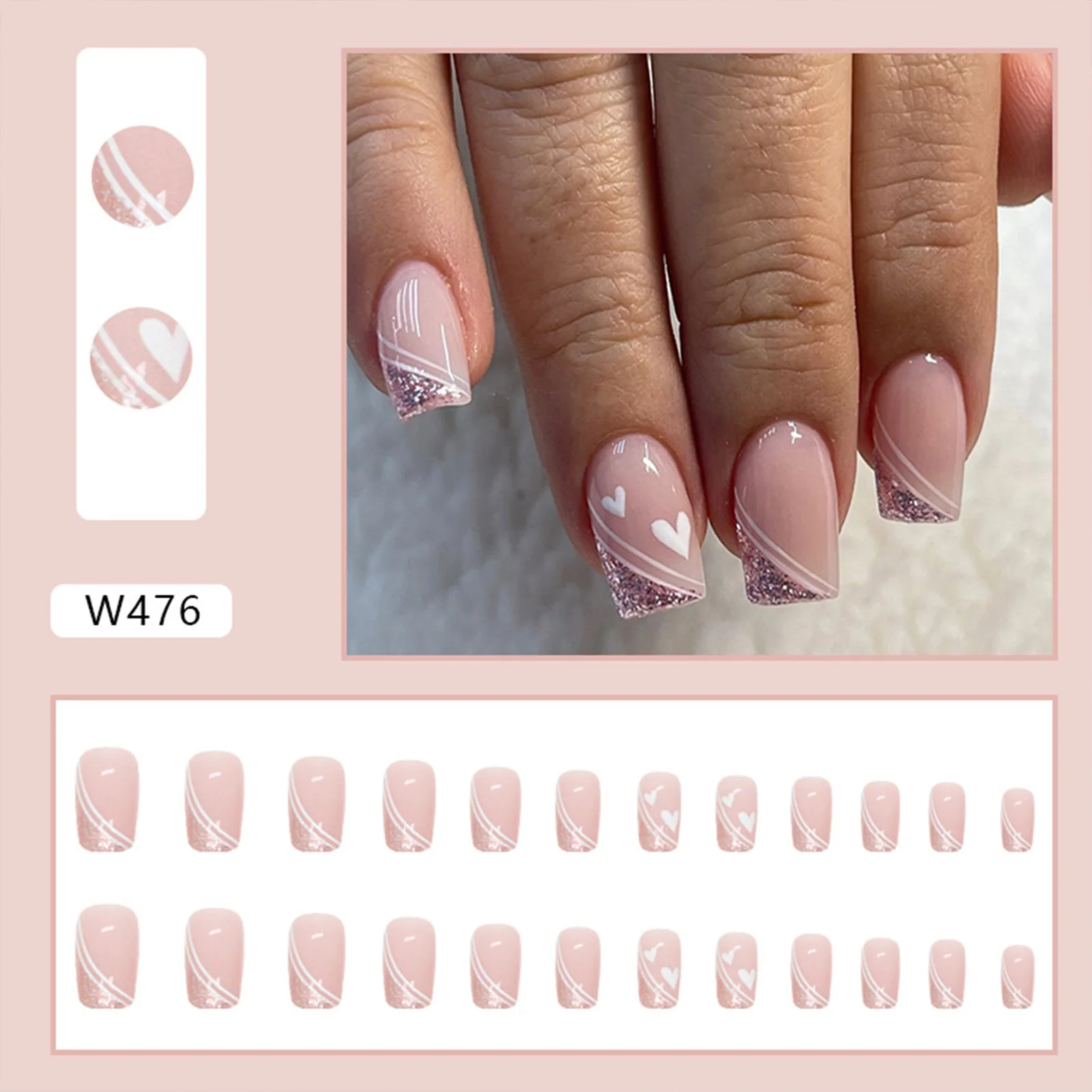 Uñas postizas reutilizables con estampado de corazón brillante para mujeres y niñas, salón de uñas, rosa, dulce y encantador