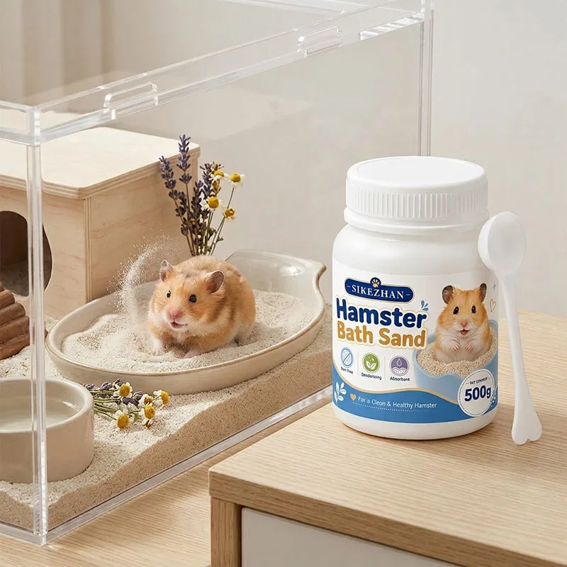 SIKEZHAN 500g Hamster Bath Sand with Scoop, Dust Free Deodorizing Bath Litter for Dwarf Hamster, Chinchilla, Gerbil Small Pets
