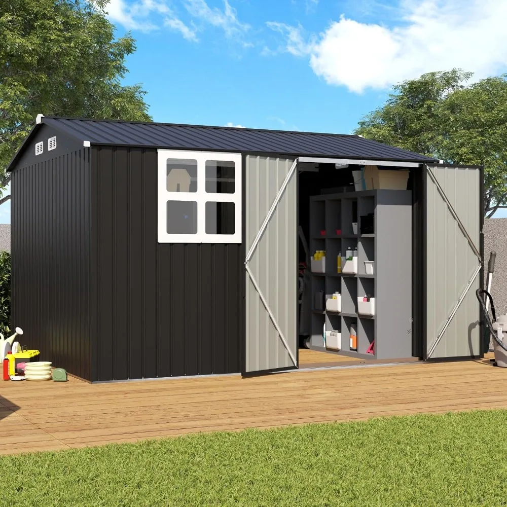 

10x8FT Outdoor Storage Shed, Large Galvanized Steel Metal Garden Shed with Window, Lockable Double Door, Outdoor Tool Shed for