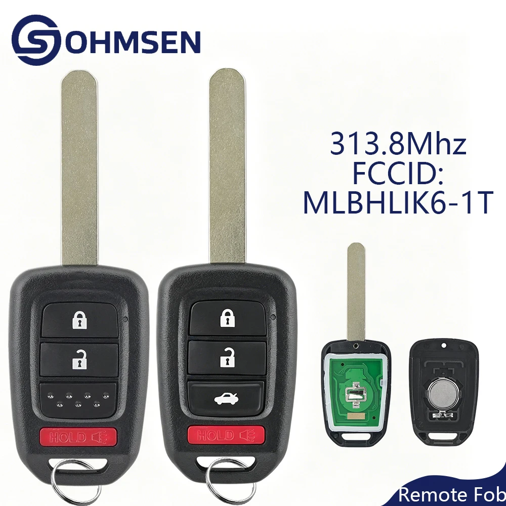 

OHMSEN 3 / 4 Button Remote Key Fob for Honda Accord Civic Sedan CR-V Crosstour Fit 2013-2015 313.8MHz FCC ID: MLBHLIK6-1T