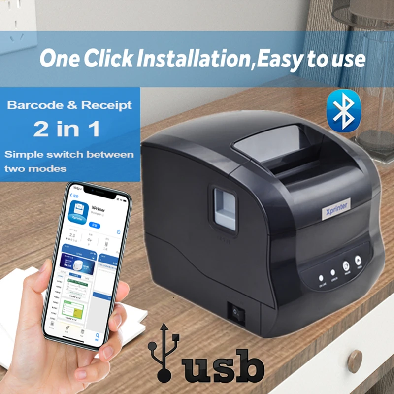 

Xprinter XP-365B Bluetooth Thermal Receipt Printer Label Printer USB Sticker Printer Barcode Make Machine support Windows/Linux