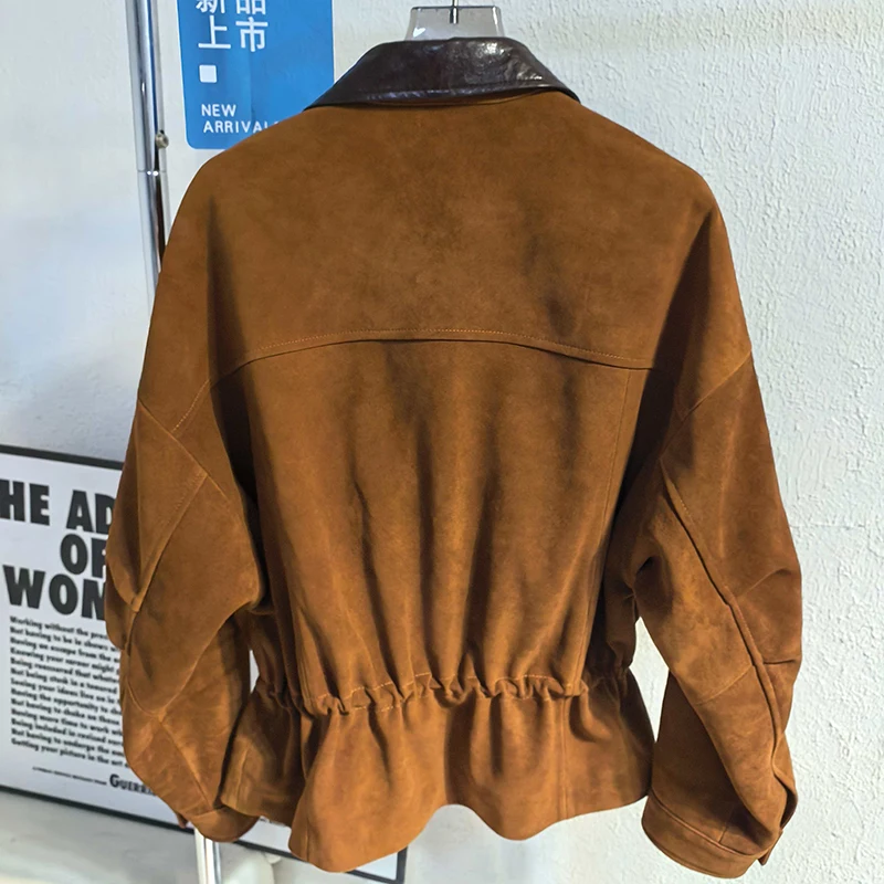 سترة شتوية من جلد الغزال الأصلي للسيدات موضة التلبيب جيب الرباط معطف جلد الغنم فضفاض النحيف Naturalna Sk oorzana Kurtka Damska #5