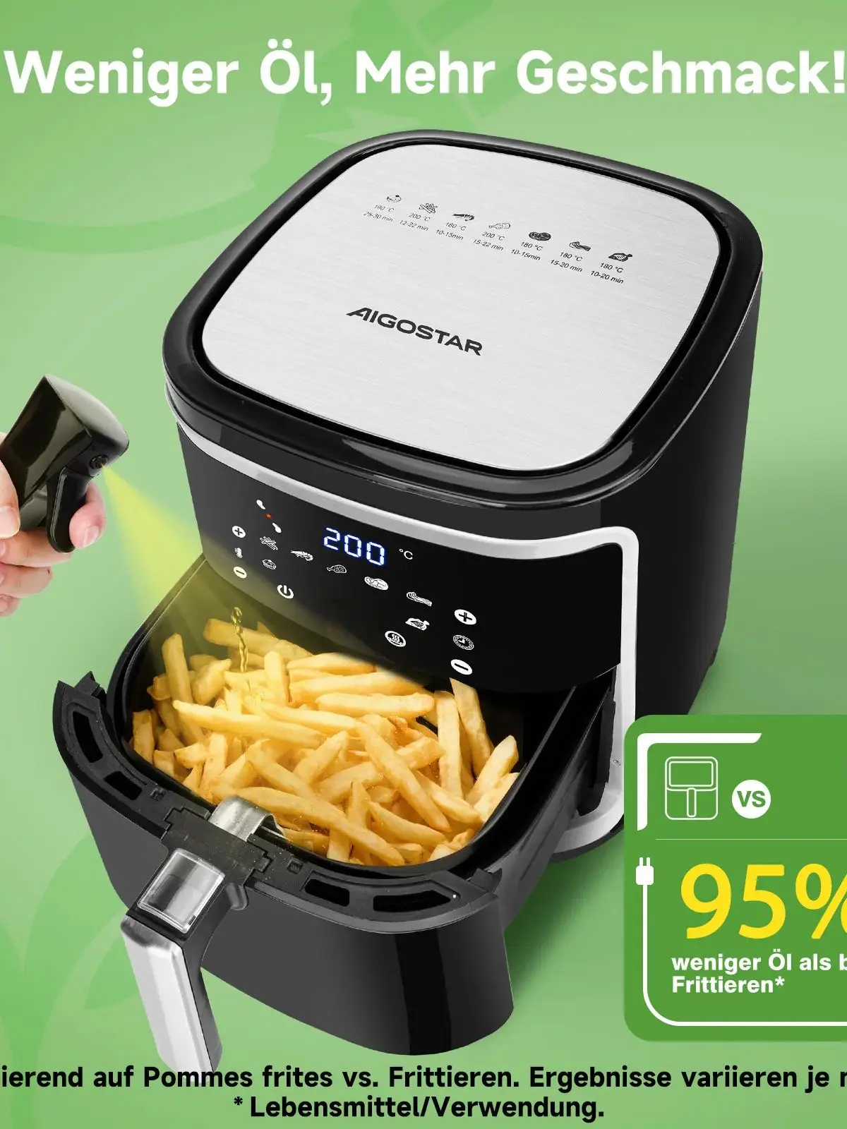 Aigostar Heißluftfritteuse 7L XXL, Airfryer 1900W, 7 Programmen, Warmhalten, 20 Rezepte, ohne Öl, für 6-10 Personen, Air Fryer mit Digitalem LED-Touchscreen, Schwarz