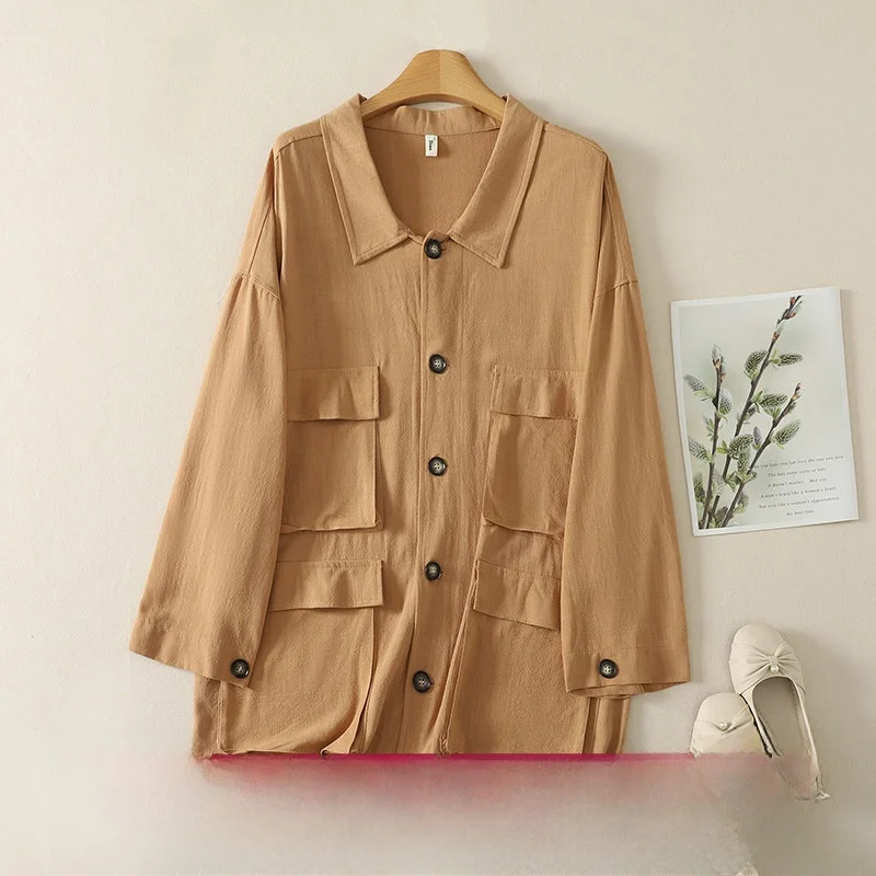 Casual High-Definition Han Flax Collar Jacket Multi-Pocket Single-Button Thin Autumn Spring New Style Artistic Women's Coat