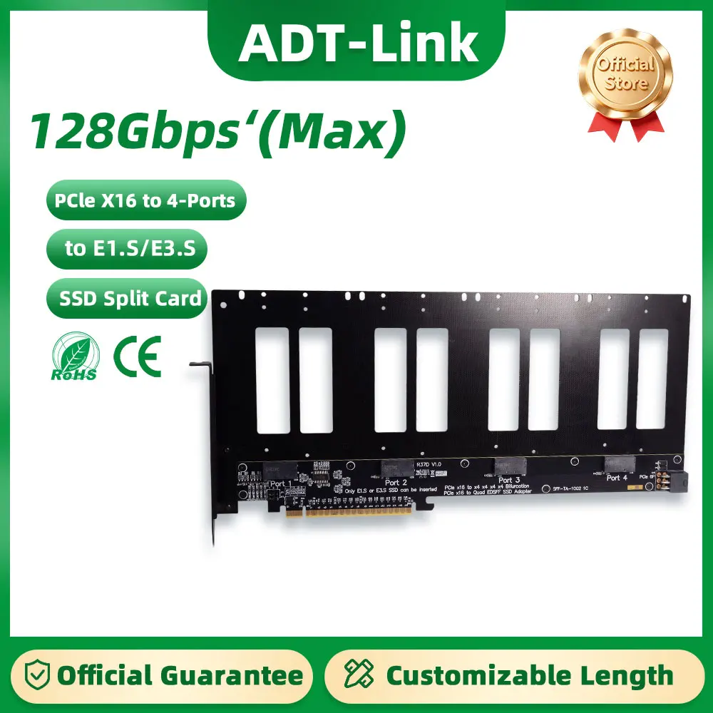 ADT-Link R37D Hard Drive Split Adapter Expansion Card PCIe to E1.S/E3.S(SFF-TA-1002) 128Gbps PCIe 5.0 X16 to 4-Port U.2/EDSFF